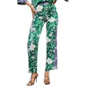 Mango MNG Floral Green High Rise Satin Silky Pants Size XS